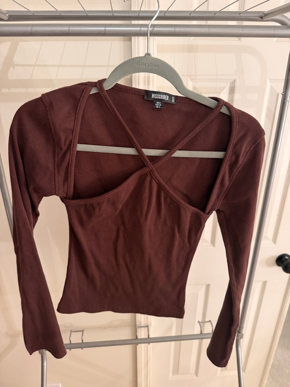 Missguided Chocolate Brown Ribbed Long Sleeve Cross-Front Top